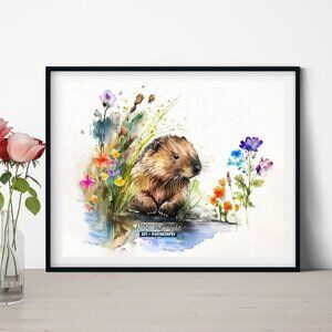11x14 Baby Beaver Watercolor Oil Painting Wall Art‎ Print